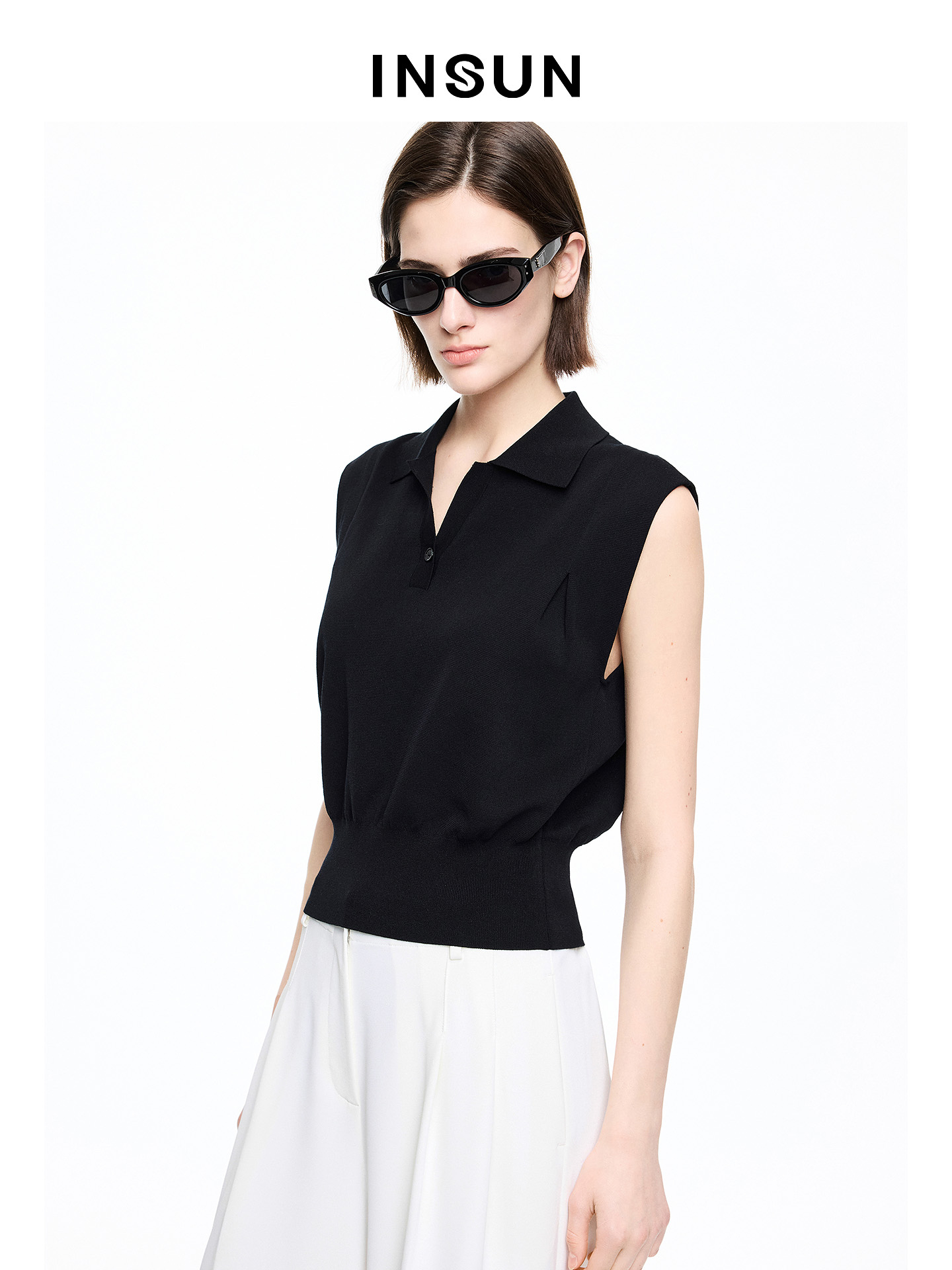 INSUN恩裳专选2026夏季休闲微落肩POLO领醋酸棉针织衫9C66206140