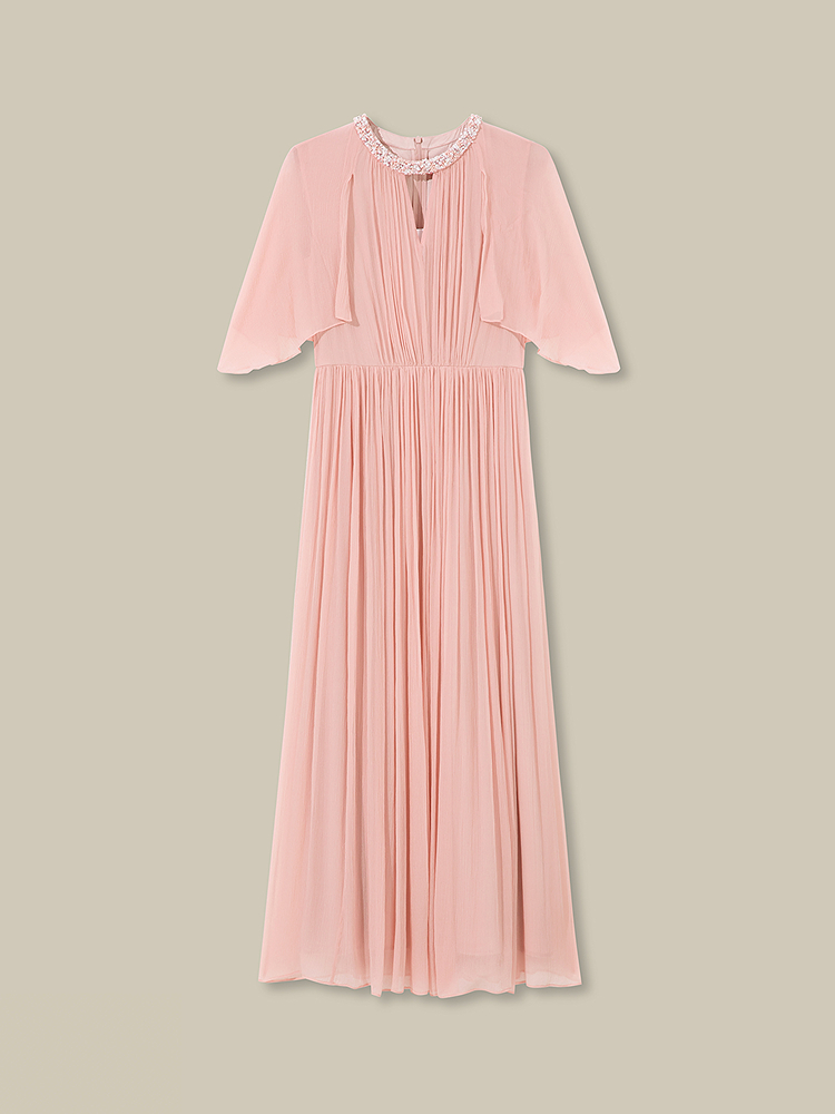 Song of Song歌中歌2026夏季新款预售柔雾淡粉·桑蚕丝百褶连衣裙5C36205290