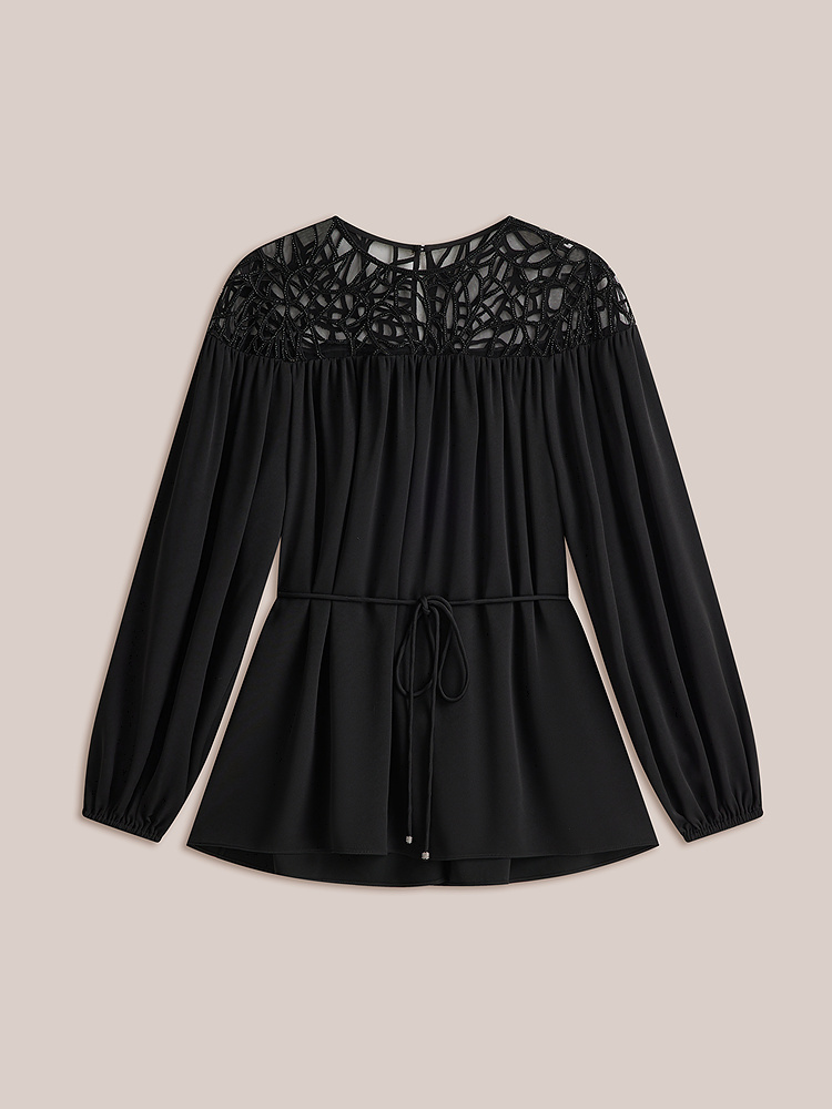 OBBLIGATO奥丽嘉朵2026秋季新款哑光黑色醋酸藤蔓镂空钉珠衬衫1C36330100