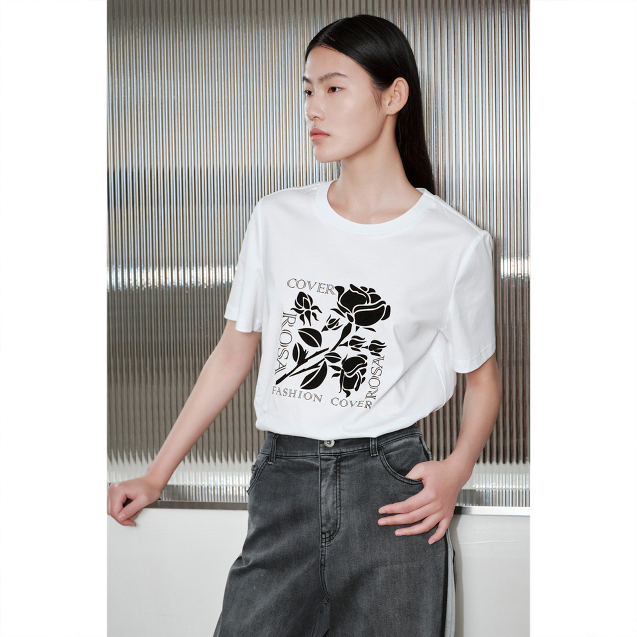 COVERINS夏季重工植绒印花工艺舒适滑爽双面丝光棉短T恤CC33260210