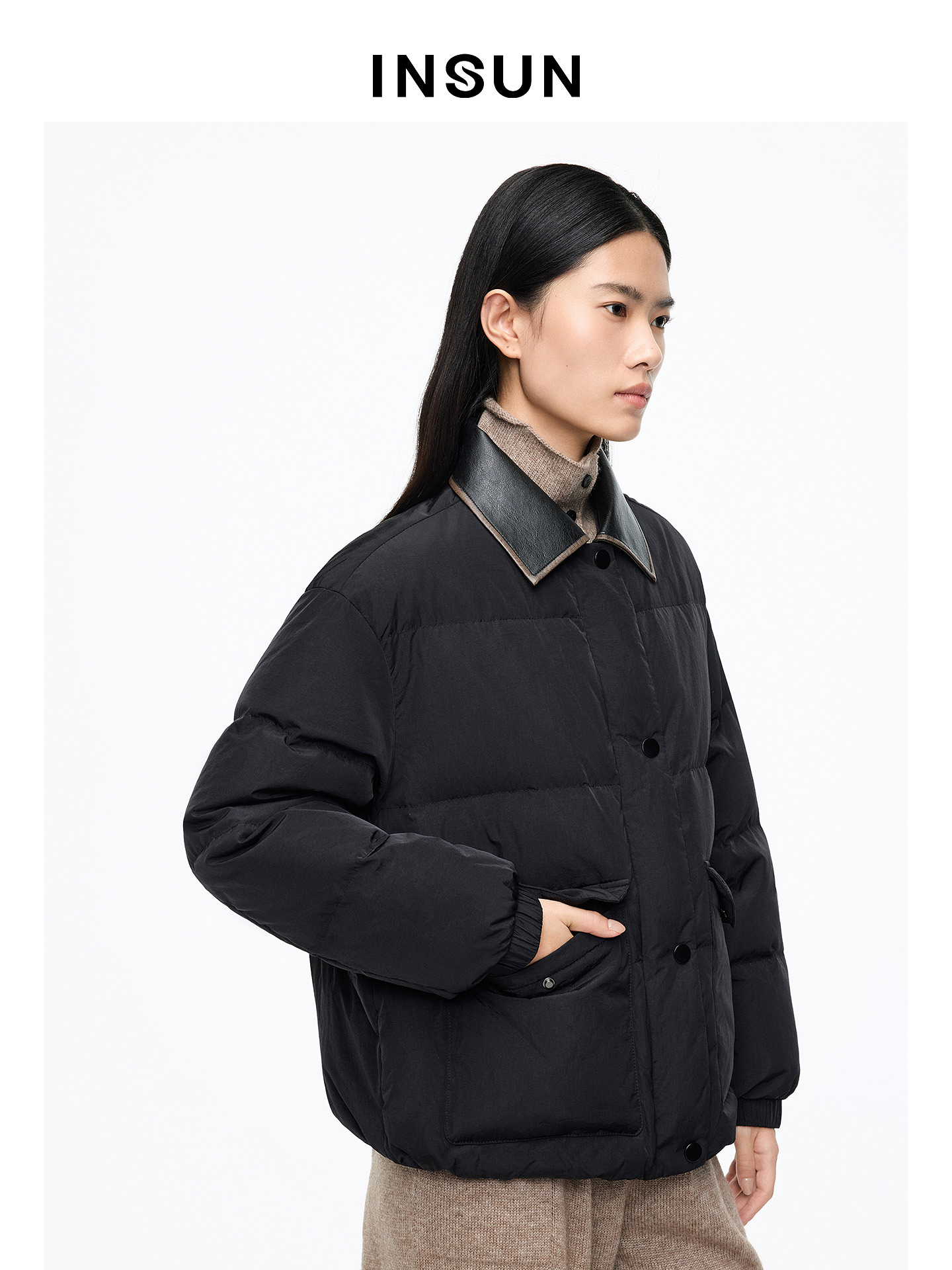 INSUN恩裳专选2026春季翻领面包格短款羽绒服9C66108580