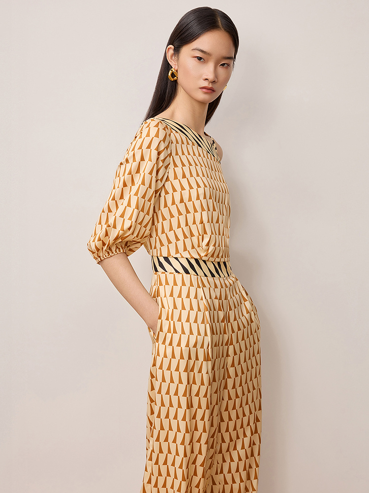 OBBLIGATO奥丽嘉朵2025秋季弹力斜纹绸撞色几何印花连体裤1C35302010