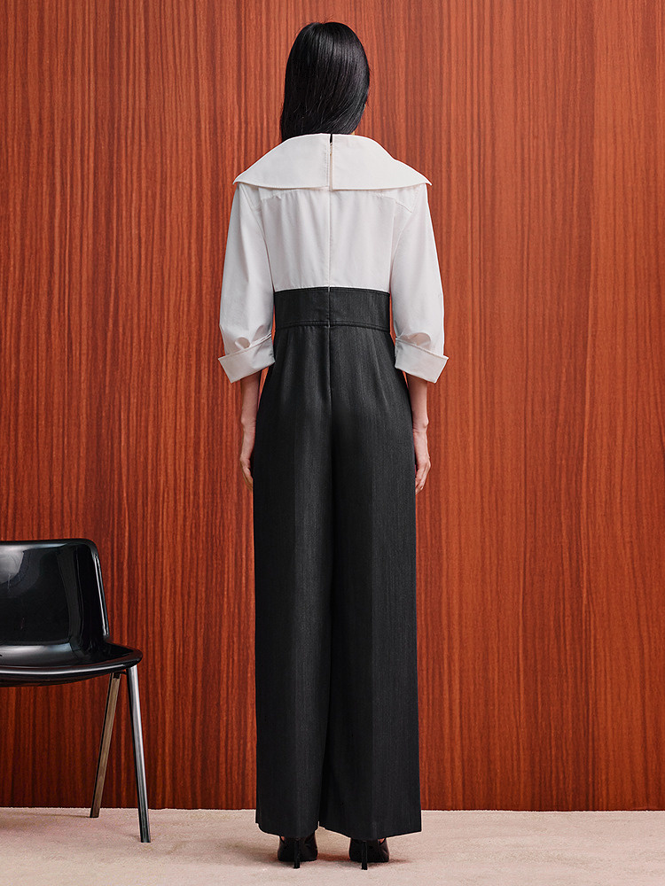 OBBLIGATO奥丽嘉朵2026春新款高支高密棉翻领拼接撞色阔腿连体裤1C36102030