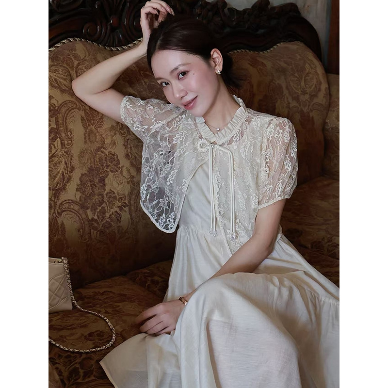 Goodland美地女装2025夏季天丝醋酸新中式蕾丝假两件连衣裙LC35205870