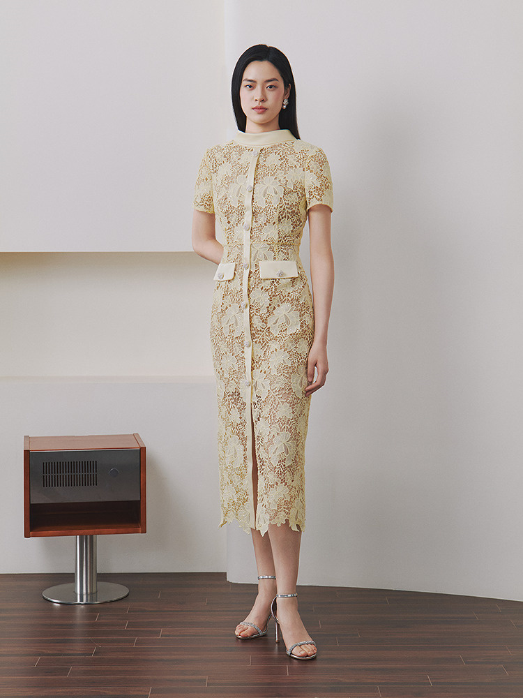 OBBLIGATO奥丽嘉朵2026夏季新款立体水溶蕾丝收腰显瘦场合连衣裙1C66205380
