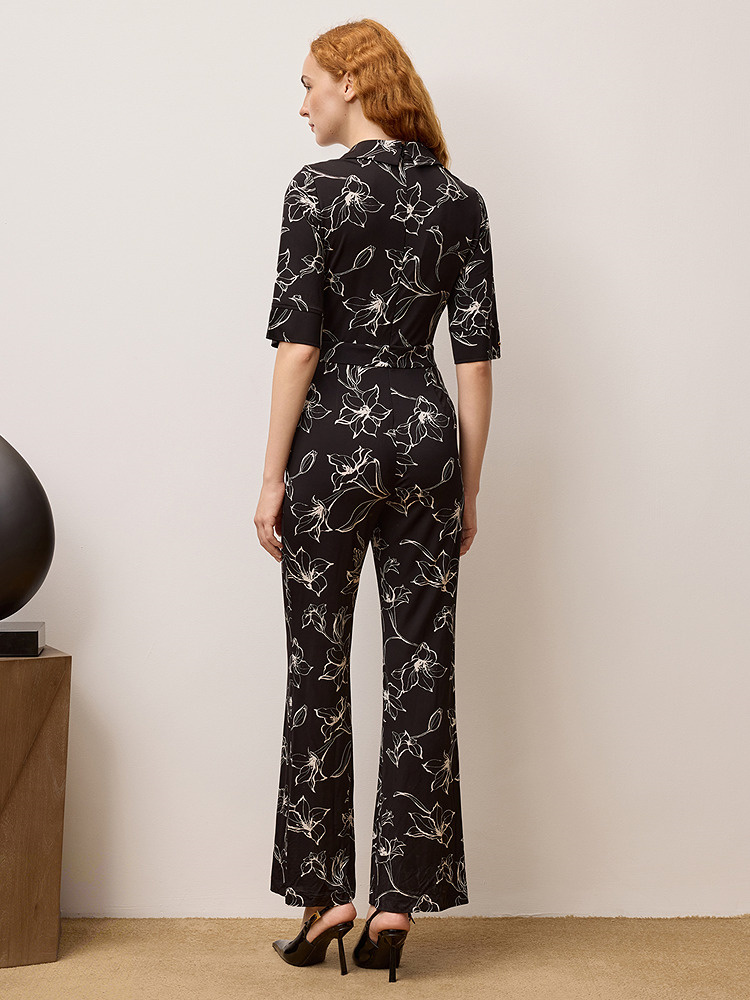 OBBLIGATO奥丽嘉朵2025夏季翻领设计感绑带收腰印花连体裤1C35202140