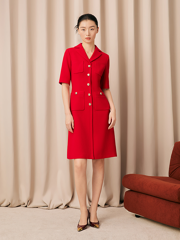 Song of Song歌中歌2026春季中国红100%绵羊毛连衣裙5C66105170