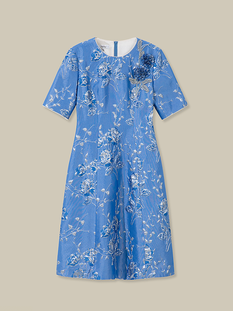 Song of Song歌中歌2026夏季新款冰蓝青花织韵·提花刺绣A字连衣裙5C36205370