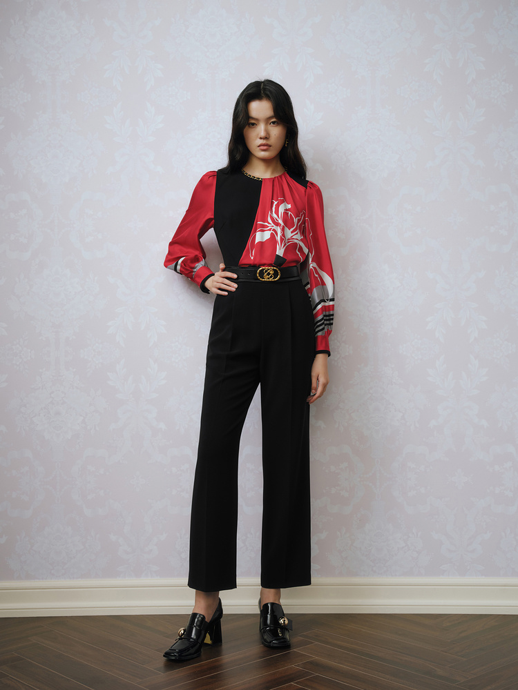 OBBLIGATO奥丽嘉朵2023春季金标红色解构设计鸢尾花印花三醋酸连体服1C33120560