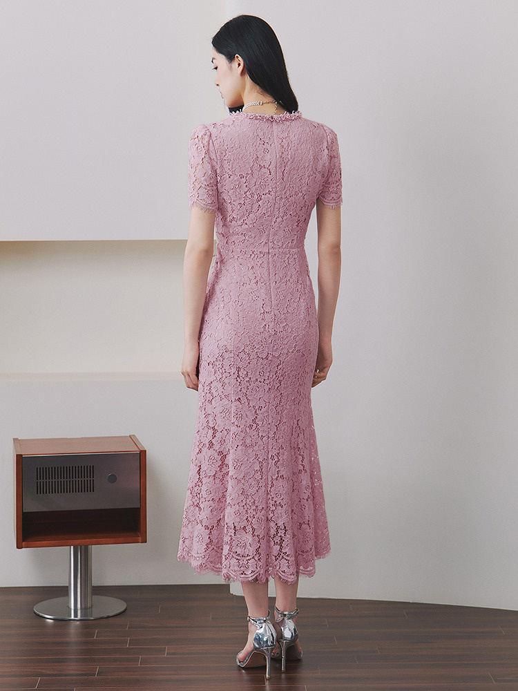 OBBLIGATO奥丽嘉朵2026夏季新款粉色蕾丝收腰钉珠鱼尾中长连衣裙1C66205410