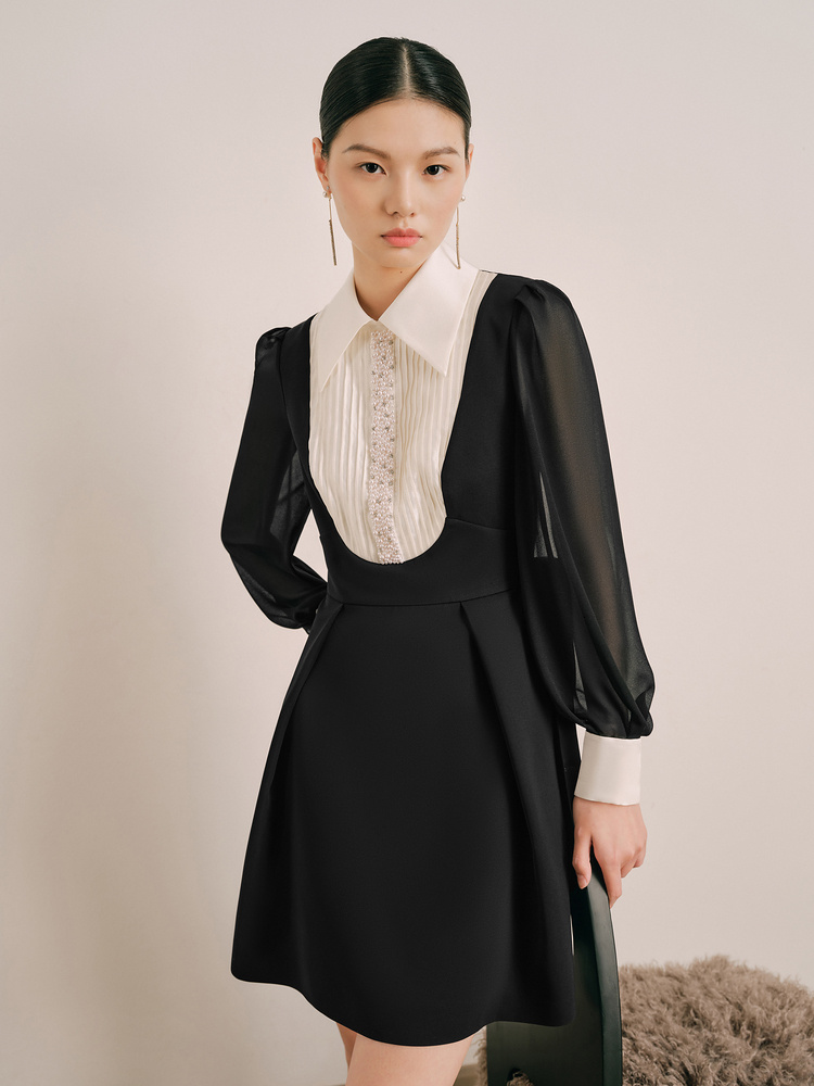 OBBLIGATO奥丽嘉朵2024春季黑色珠钻点缀时尚百搭连衣裙1C64105250