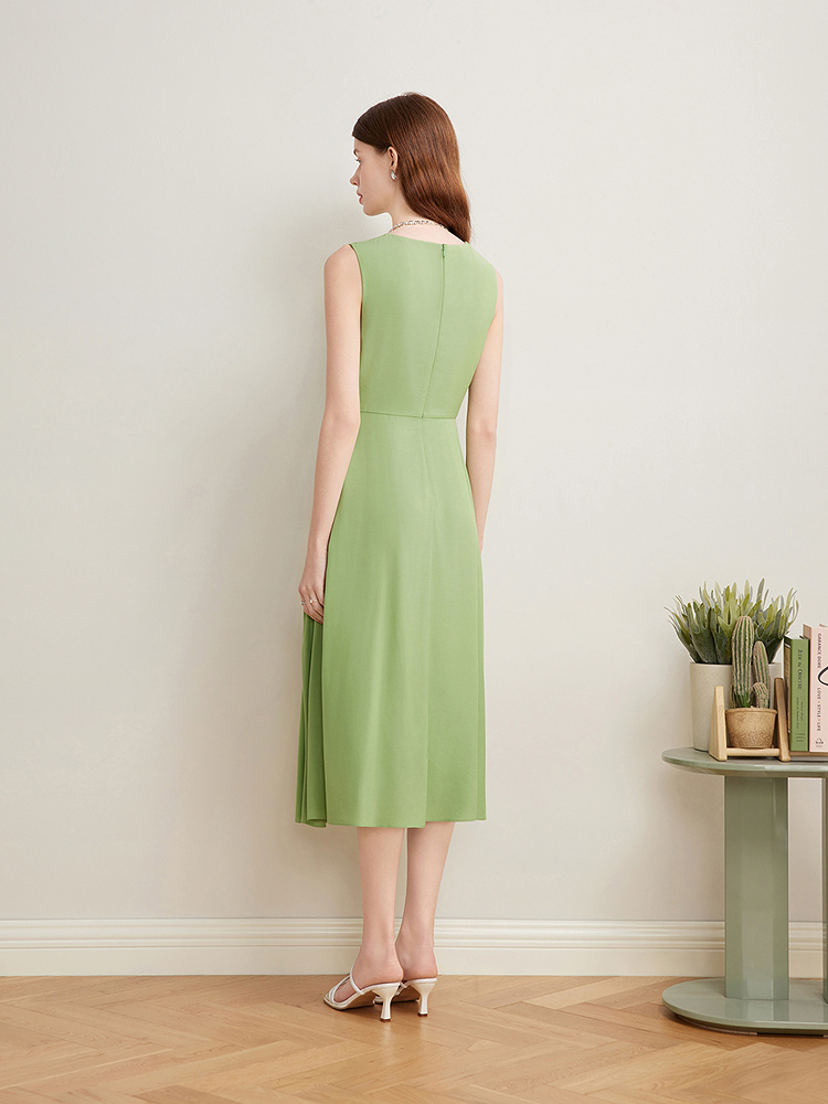 Goodland美地女装2025夏季绿色抓褶醋酸无袖背心连衣裙长款LC35205050