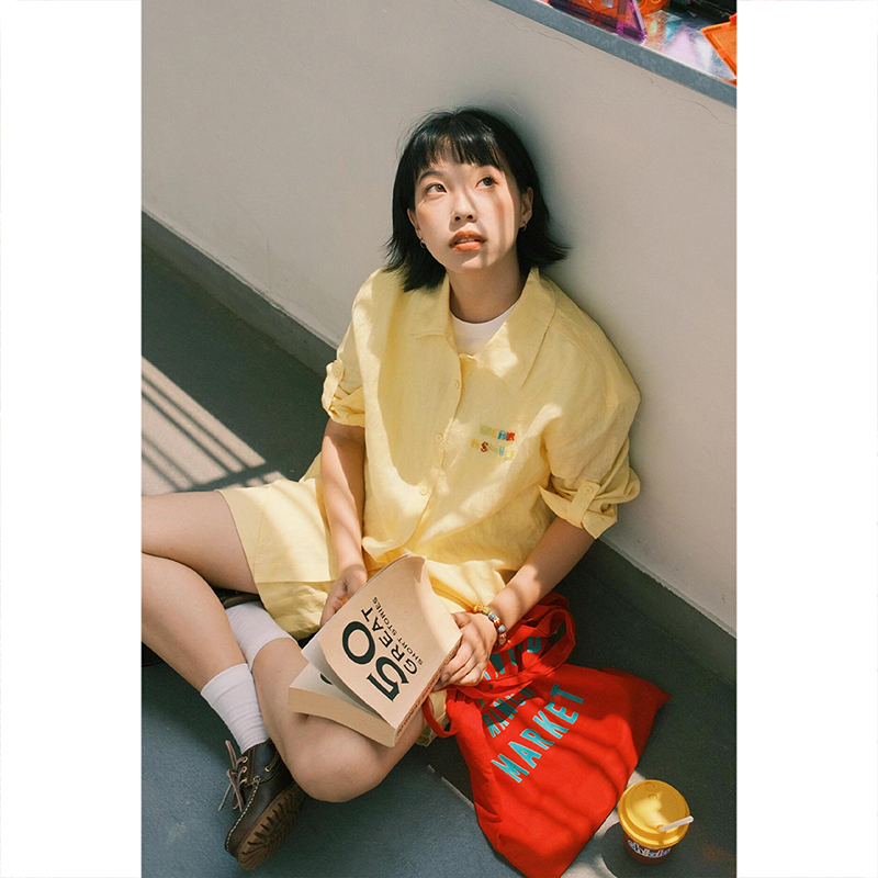 ToyzY2025秋季新款明亮浅黄色钉珠亚麻衬衫ZC35330380