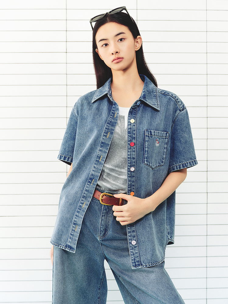 ToyzY2026夏新款彩色纽扣绣花宽松百搭莱赛尔棉牛仔短袖衬衫ZC36230550