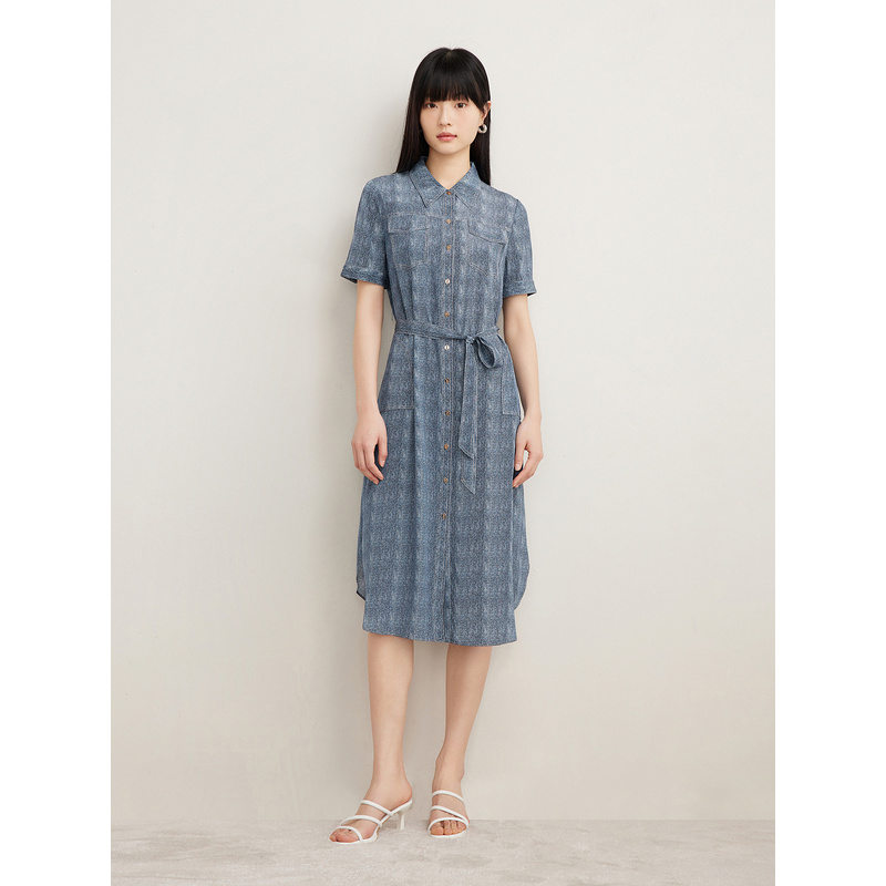 [真丝系列]Goodland美地女装2024夏季桑蚕丝牛仔色衬衫连衣裙LC64205020