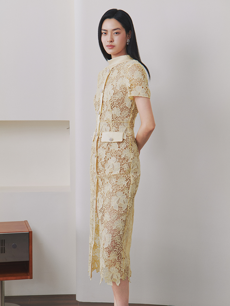 OBBLIGATO奥丽嘉朵2026夏季新款立体水溶蕾丝收腰显瘦场合连衣裙1C66205380