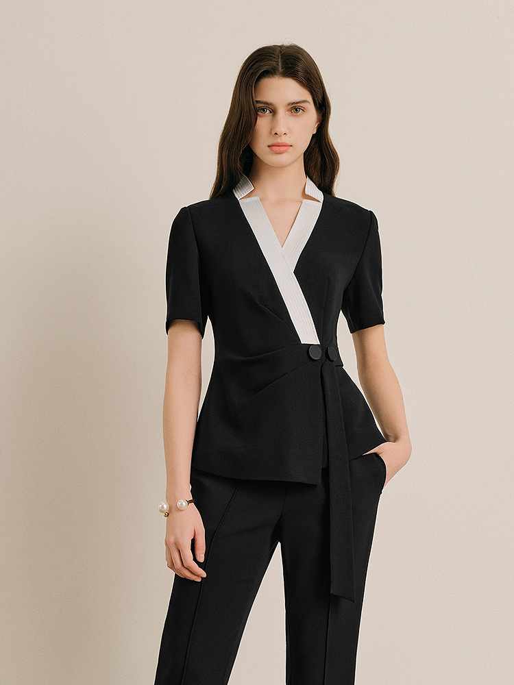 OBBLIGATO奥丽嘉朵专选2025夏季新品V领撞色压褶飘带收腰上衣1C65270030