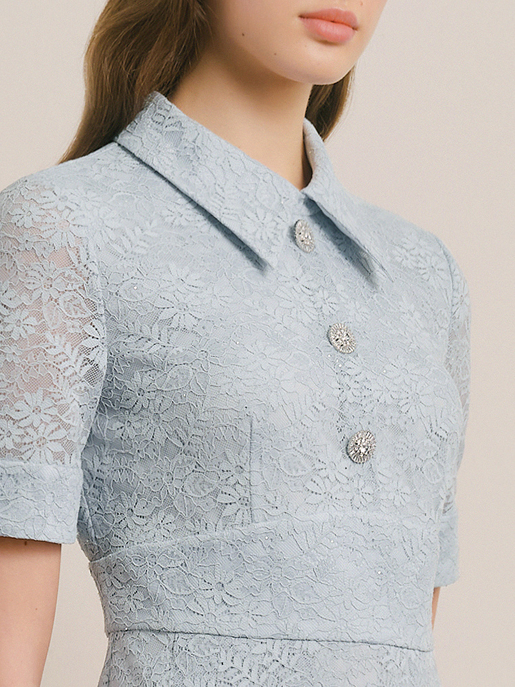 OBBLIGATO奥丽嘉朵专选2025夏季新品衬衫领蕾丝花卉压褶连衣裙1C65205270