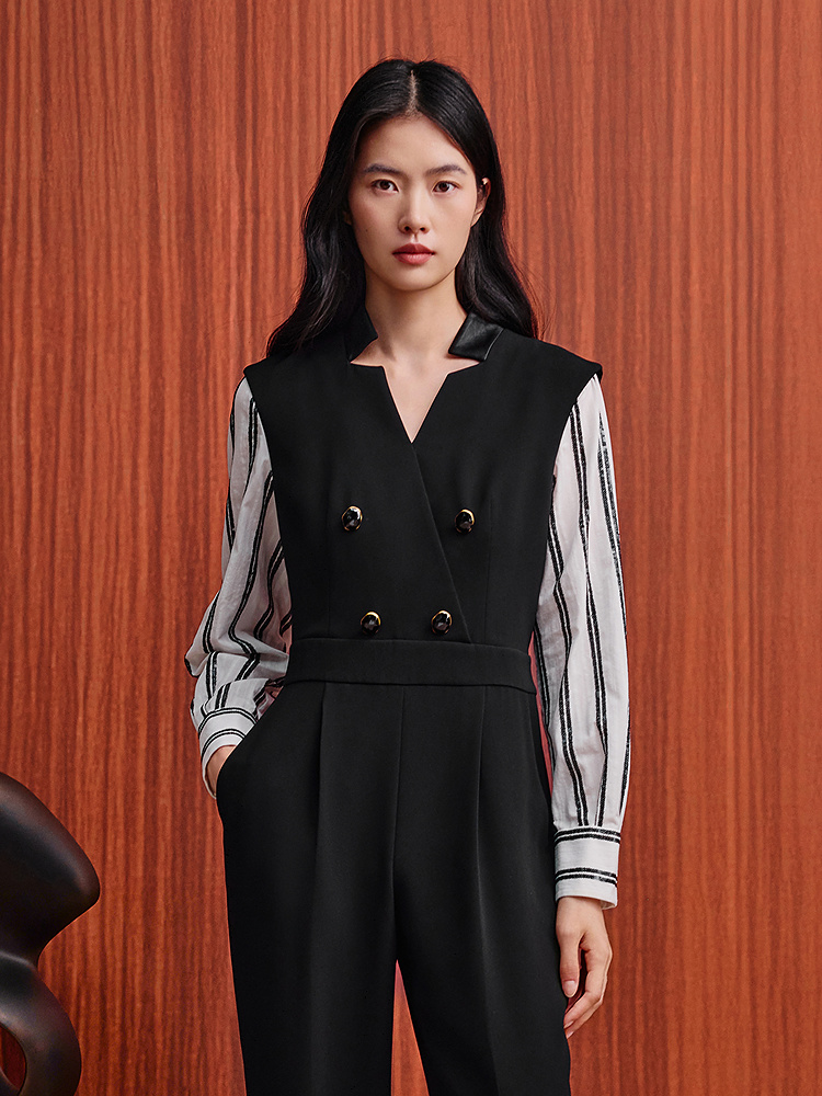 OBBLIGATO奥丽嘉朵2026春季新款三醋酸拼接收腰直筒西装连体裤1C36102040