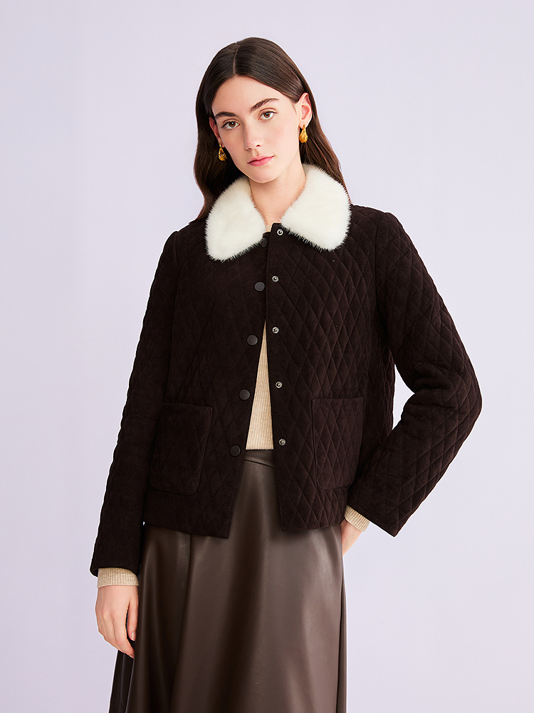 YINER音儿专选2026春季新款水貂毛皮翻领绵羊毛骆驼绒混纺皮棉服8C66109156