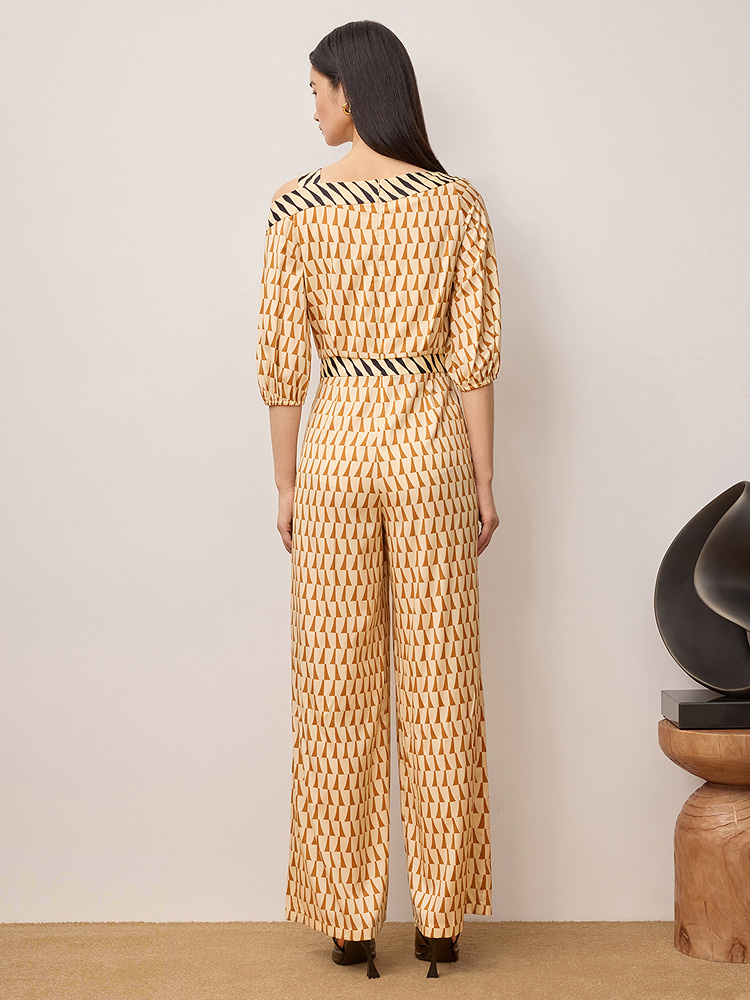 OBBLIGATO奥丽嘉朵2025秋季弹力斜纹绸撞色几何印花连体裤1C35302010