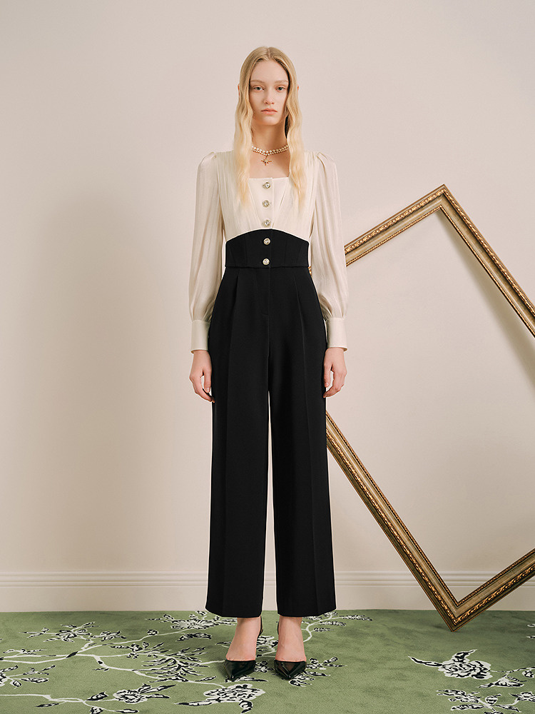 OBBLIGATO奥丽嘉朵2024春季金标黑色流光纱方领撞色连体服1C34102520