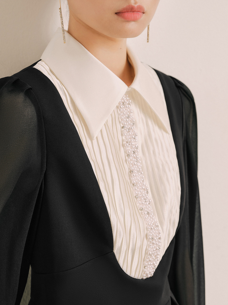 OBBLIGATO奥丽嘉朵2024春季黑色珠钻点缀时尚百搭连衣裙1C64105250