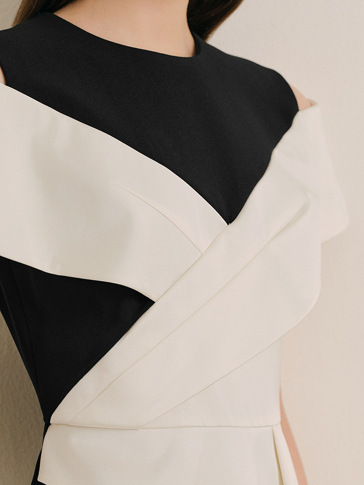 OBBLIGATO奥丽嘉朵专选2025夏季新品黑色圆领撞色拼接荷叶边连体服1C65202060