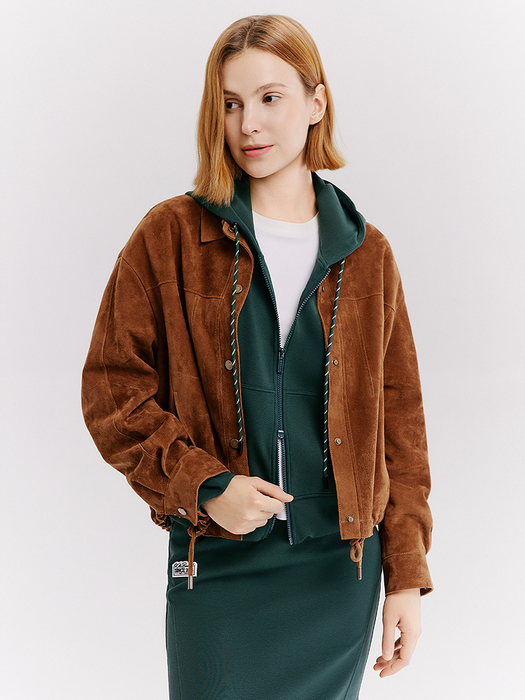 XII BASKET十二篮26春新款复古经典设计时尚棕色翻领羊皮短款夹克7C36109010