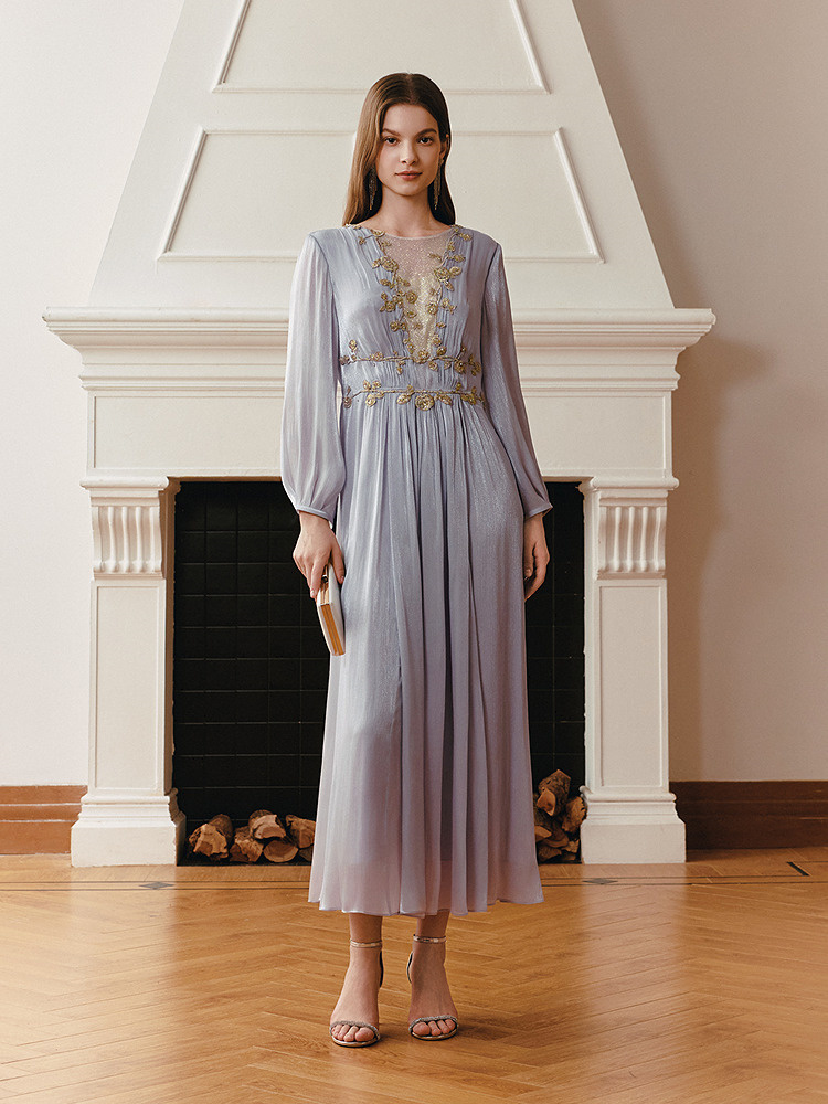 OBBLIGATO奥丽嘉朵2026夏季新款烟灰紫法式立体绣花连衣裙1C36205410