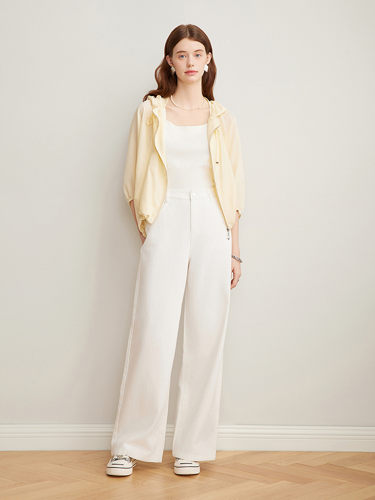 Goodland美地女装2025夏季浅黄色宽松防晒醋酸连帽短外套薄款LC35210030