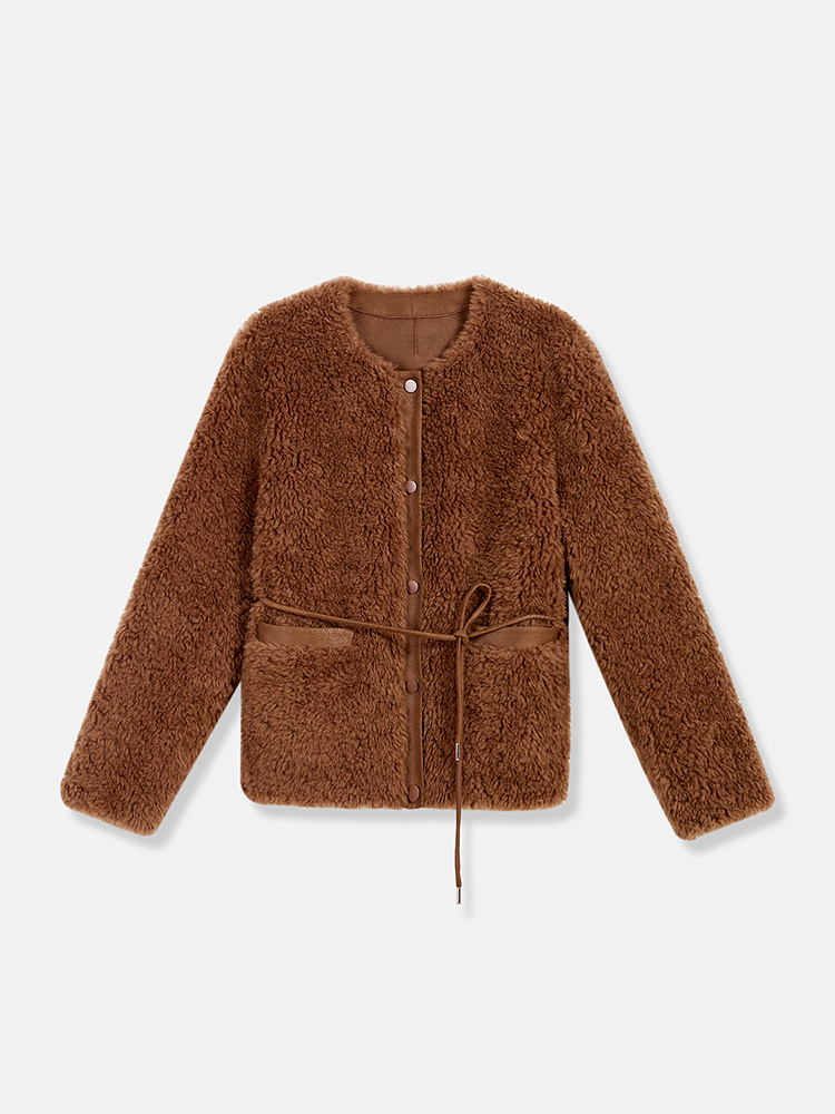 YINER音儿专选2026春季新款时尚保暖圆领腰带收腰颗粒绒羊毛外套8C66110226