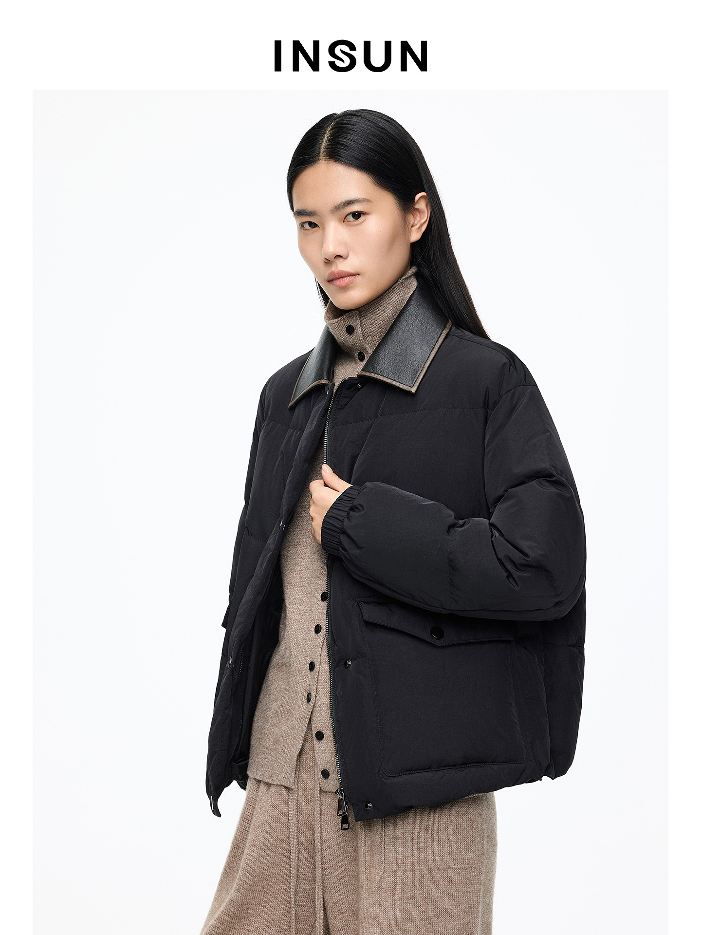 INSUN恩裳专选2026春季翻领面包格短款羽绒服9C66108580