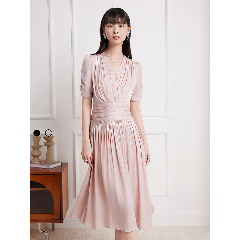 Goodland美地女装2025夏季浪漫粉色海岛丝连衣裙长款v领收腰LC35205910