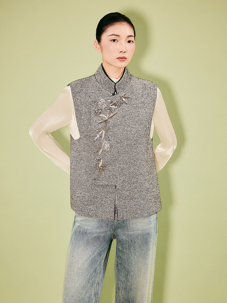 OBBLIGATO奥丽嘉朵专选2025冬季手工钉珠立体缉边新中式马甲1C35501020