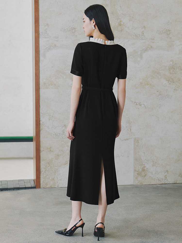 OBBLIGATO奥丽嘉朵2026夏季新款三醋酸木耳边收腰系带通勤连衣裙1C66205330