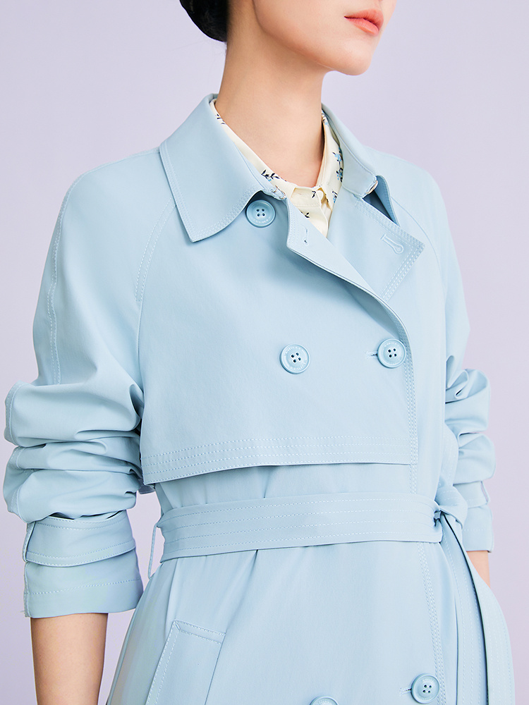 YINER音儿2026春季新款时尚优雅翻领双排扣中长款四面弹风衣外套8C36107070