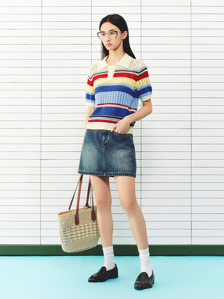 ToyzY2026夏季新款撞色条纹镂空肌理Polo领休闲针织衫ZC36206560