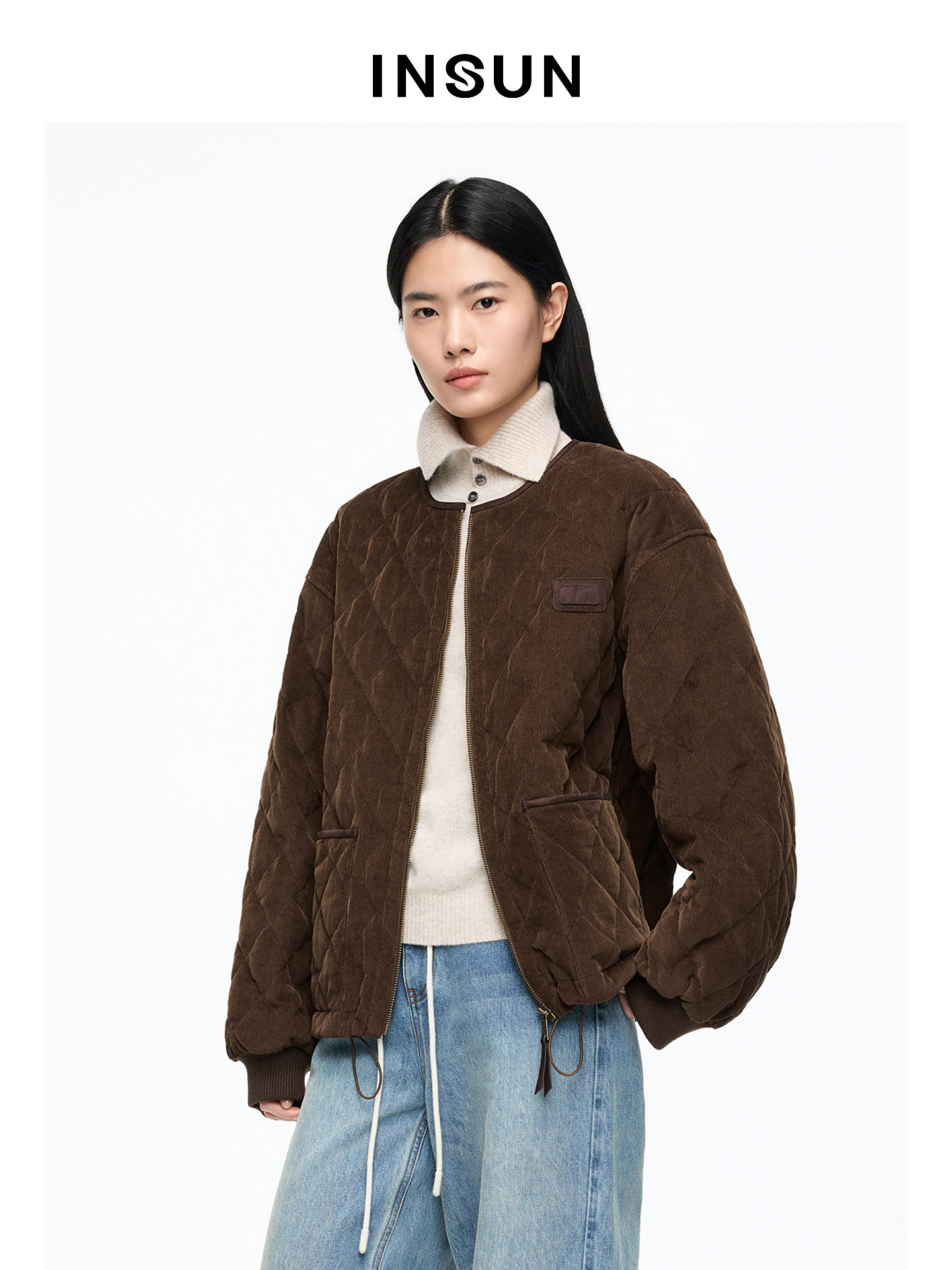 INSUN恩裳专选2026春季复古松弛感绒朵菱格短外套9C66108620