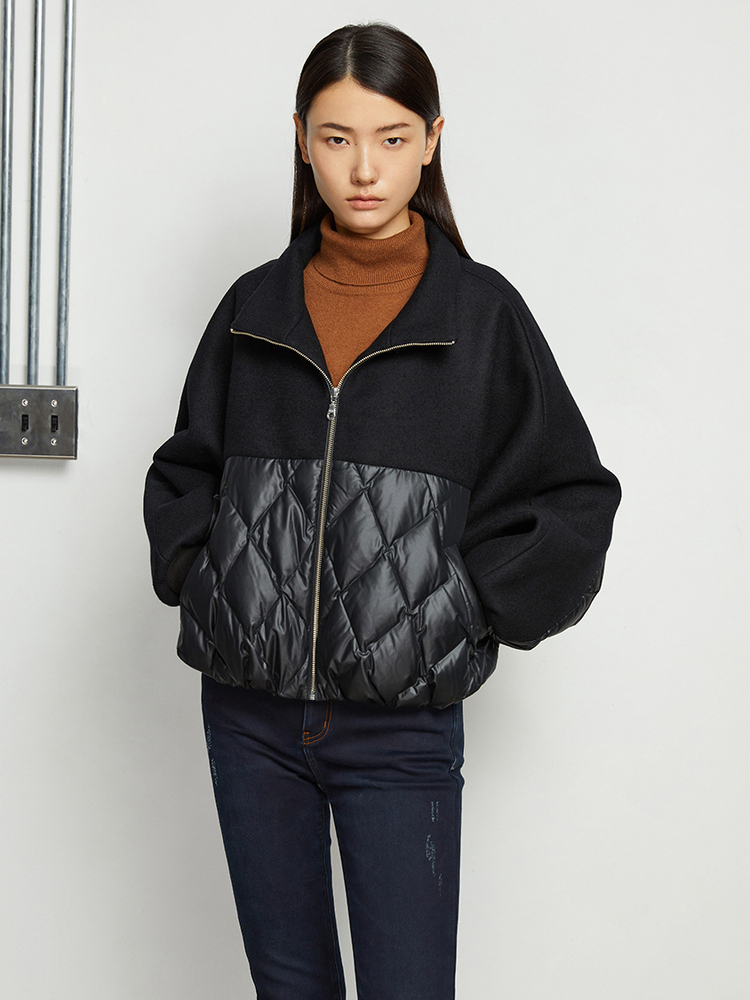 INSUN恩裳2021冬季时尚小蝙蝠袖呢料拼接白鹅绒短款羽绒服女9C61508350