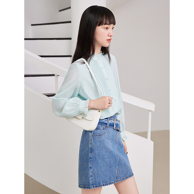 Goodland美地女装2025秋醋酸风琴褶花边长袖衬衫LC35330100