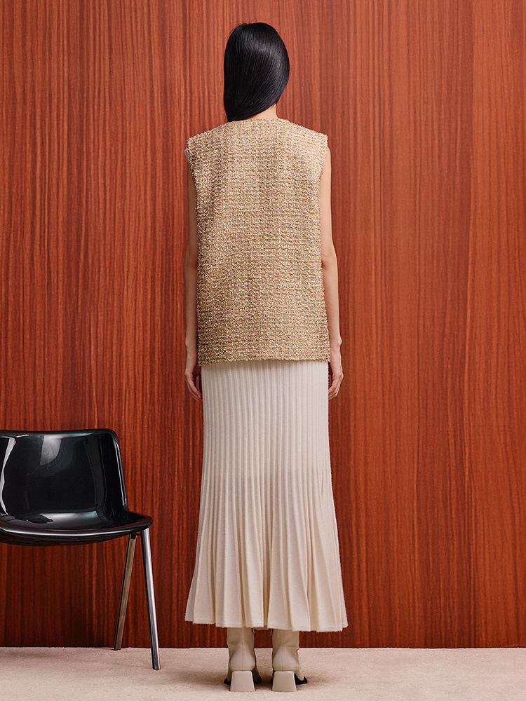 OBBLIGATO奥丽嘉朵2026春新款桑蚕丝内衬金色粗花呢v领小香风马甲1C36101040