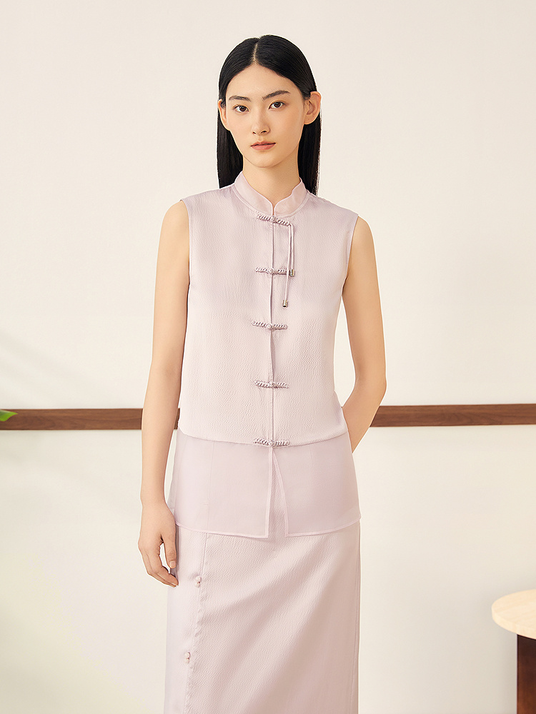 【真丝系列】YINER音儿2025夏季真丝珍珠缎立领气质上衣8C35201098