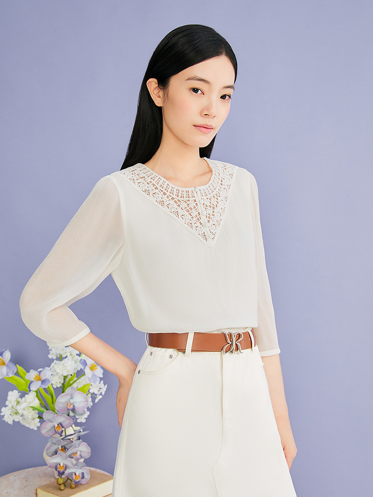 YINER音儿专选2026夏季新款法式优雅圆领拼接蕾丝肌理桑蚕丝上衣8C66270106