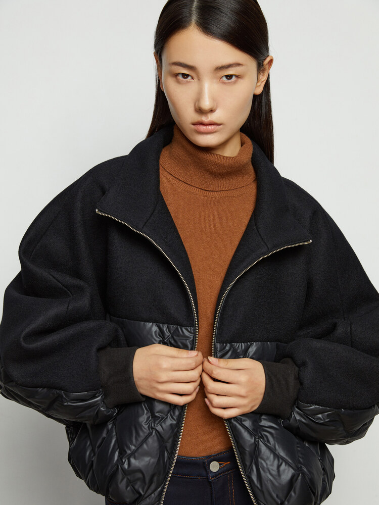 INSUN恩裳2021冬季时尚小蝙蝠袖呢料拼接白鹅绒短款羽绒服女9C61508350