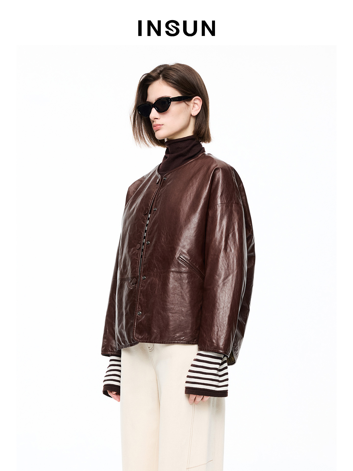 INSUN恩裳2026春季通勤风亮面利落感绵羊皮革皮衣9C36109500
