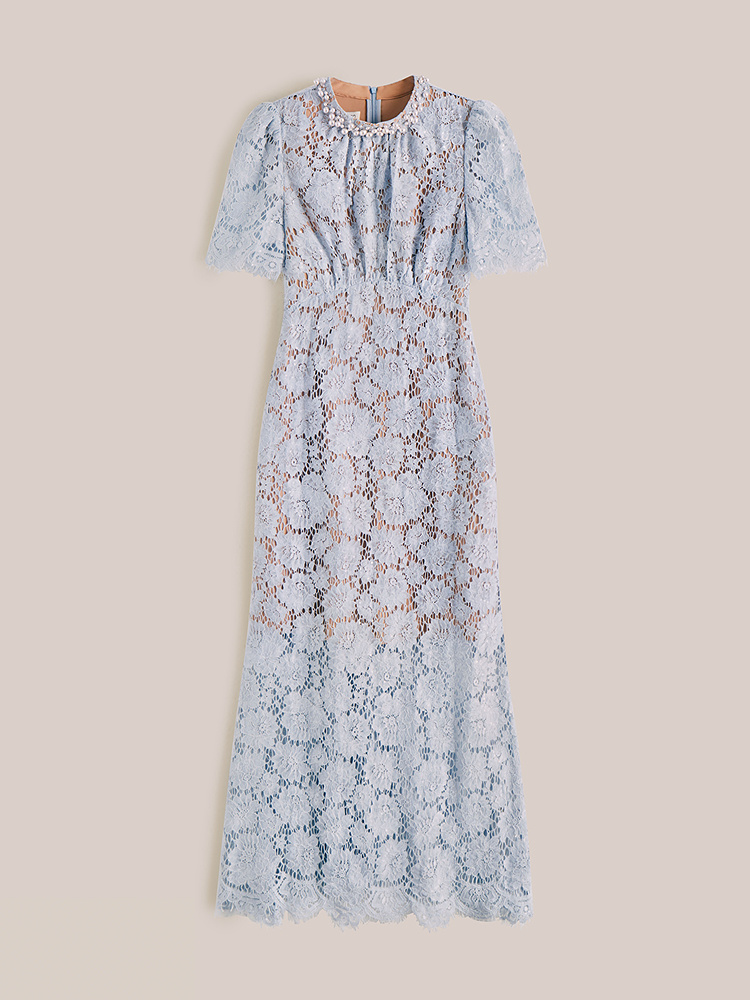 OBBLIGATO奥丽嘉朵2026夏季新款蕾丝钩花镂空珍珠领收腰连衣裙1C66205340