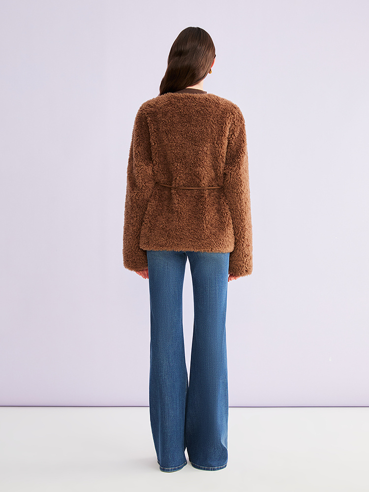 YINER音儿专选2026春季新款时尚保暖圆领腰带收腰颗粒绒羊毛外套8C66110226