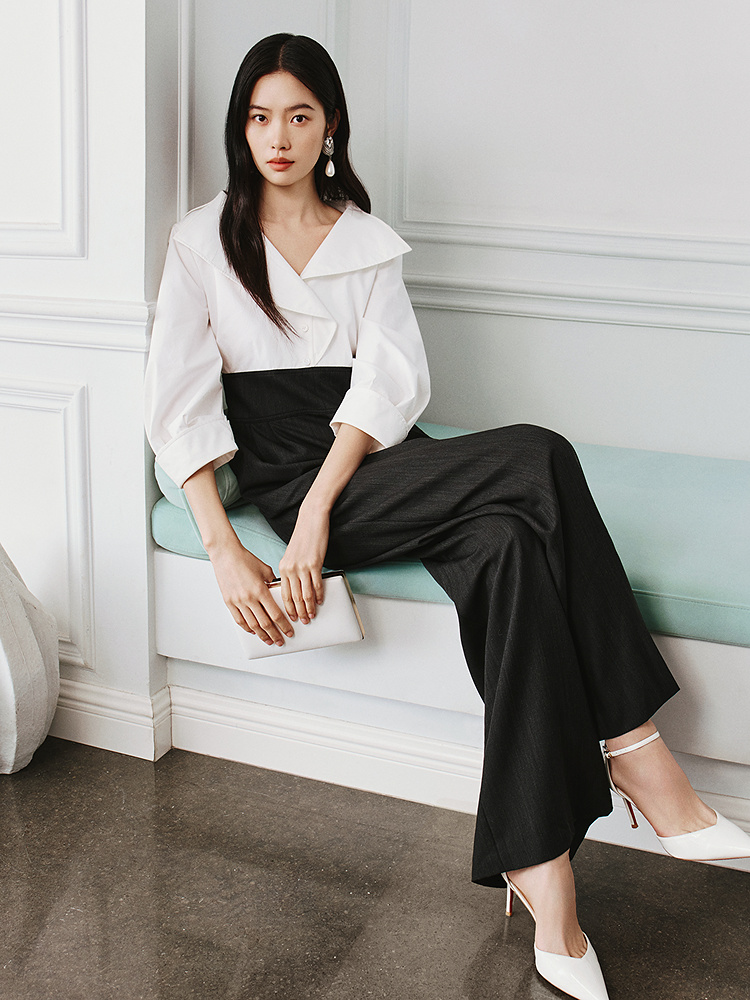 OBBLIGATO奥丽嘉朵2026春新款高支高密棉翻领拼接撞色阔腿连体裤1C36102030