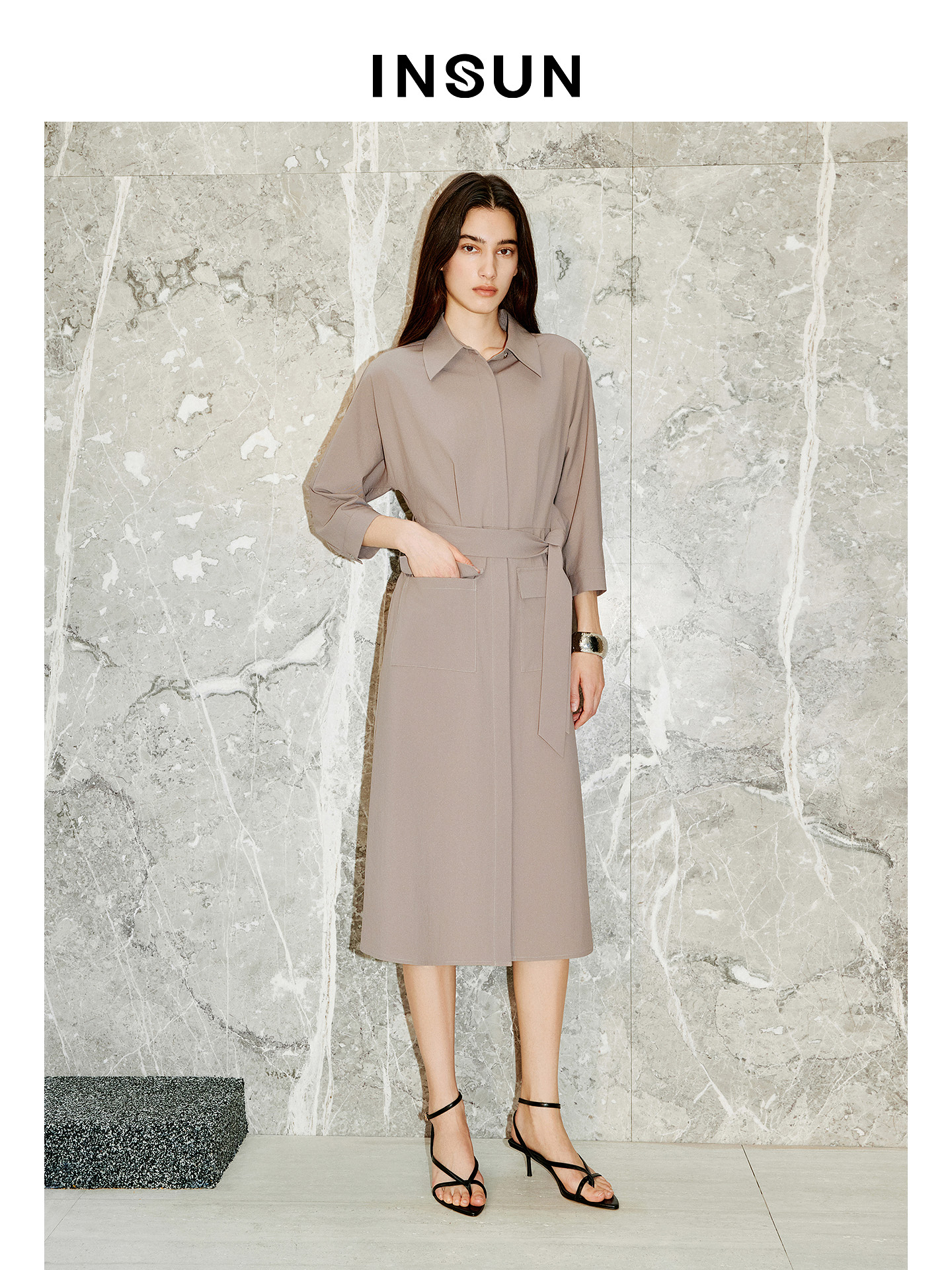 INSUN恩裳专选2026春季斜纹衬衫式廓形醋酸长款连衣裙9C66105010